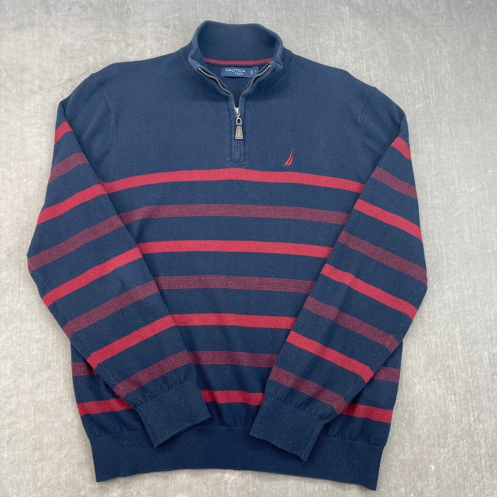 Nautica Mens Large‎ Navy Blue Red Striped NavTech Quarter Zip Sweater Pullover